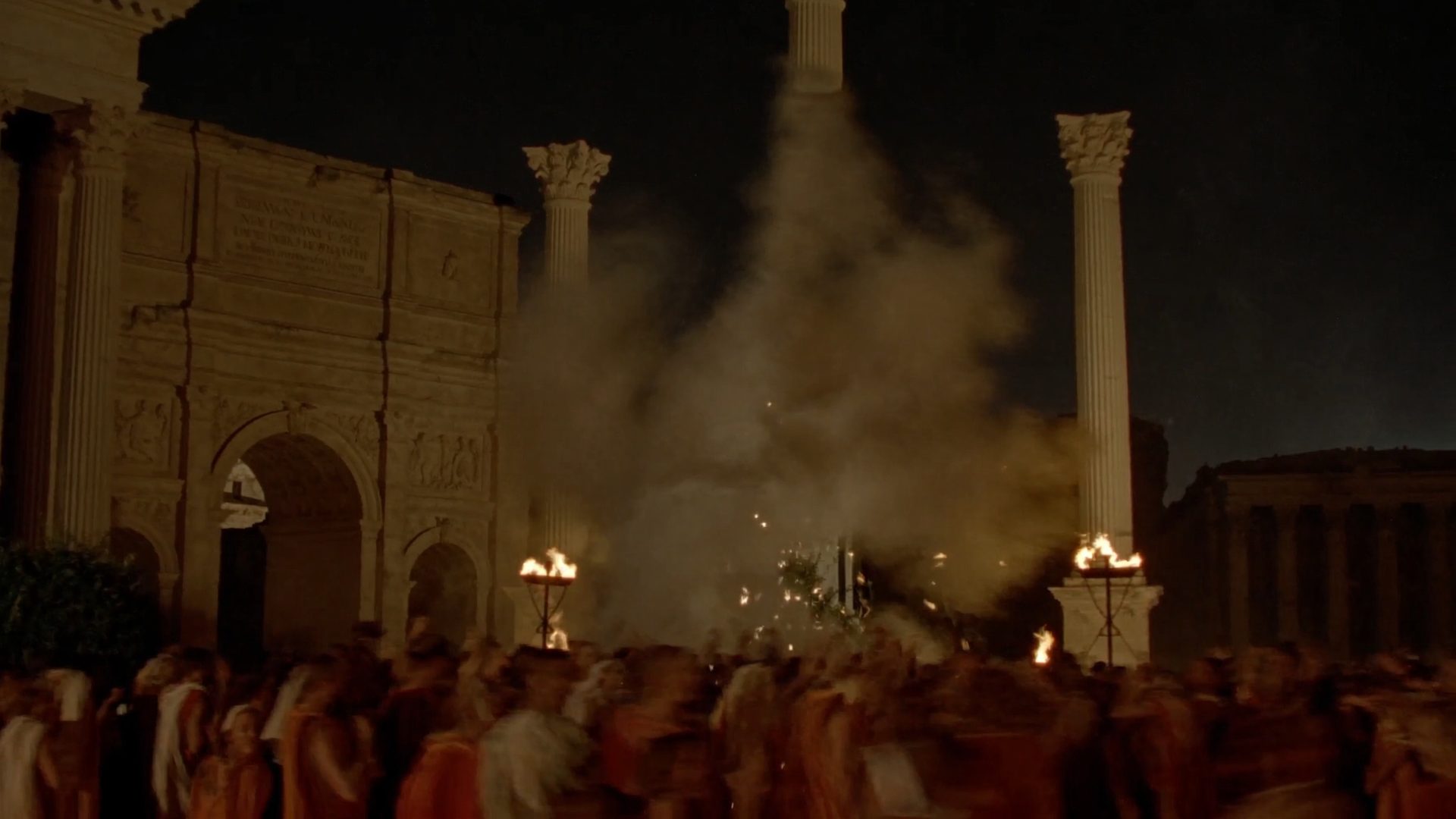 Smoke and torchlight over the Roman Forum during Saturnalia